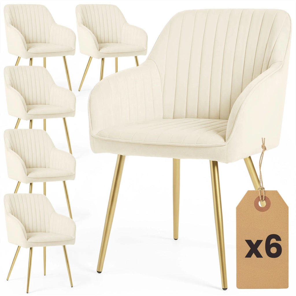 Set di 6 Sedie in velluto con cuciture verticali FLORENCE Crema gambe oro