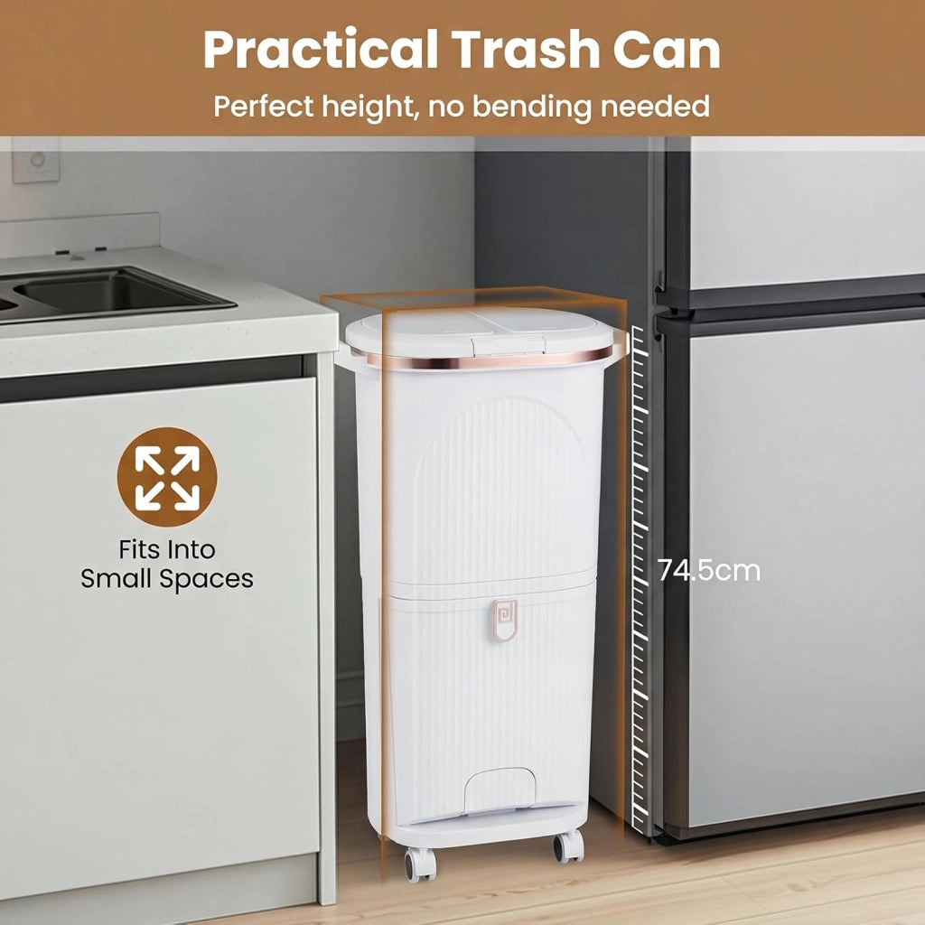 Bidone per Spazzatura Interno 38 L, Pattumiera da Cucina Differenziata a 3 Scomparti con Ruote e Maniglie, Secchio dei Rifiuti in PP on Coperchi a Pressione e Pedale (Bianco)