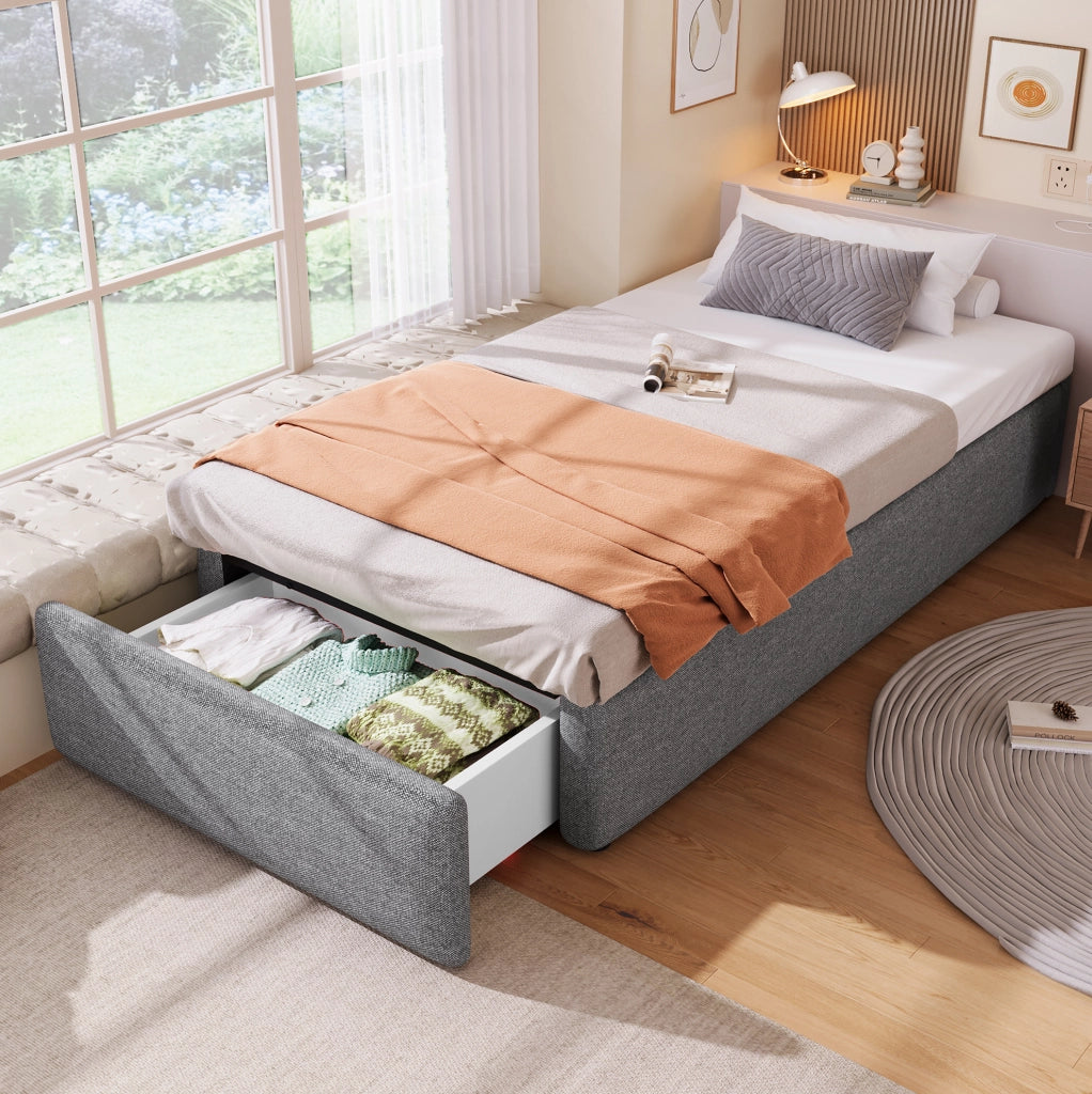 Letto imbottito 90x200 cm con vano contenitore idraulico e cassetto; grigio