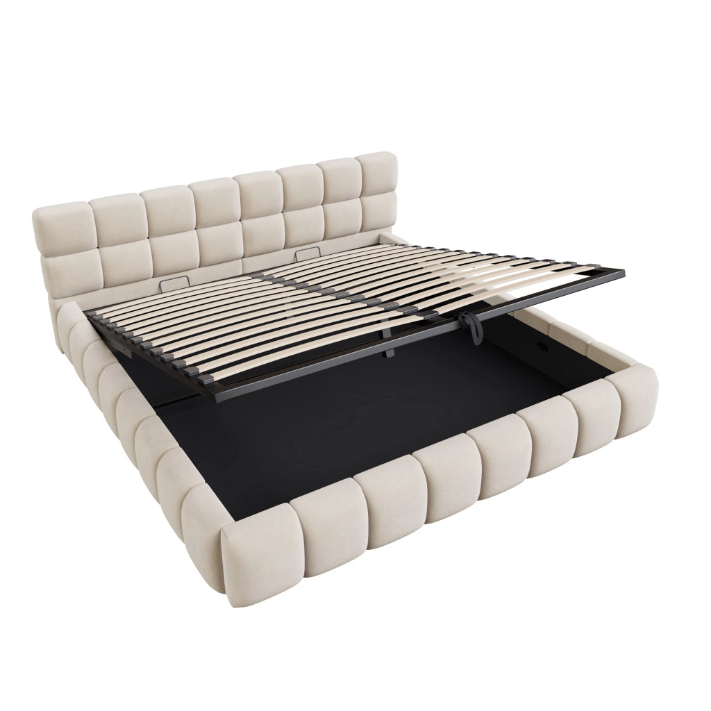 Letto imbottito matrimoniale 180x200 cm con contenitore idraulico, LED e tessuto effetto velluto beige