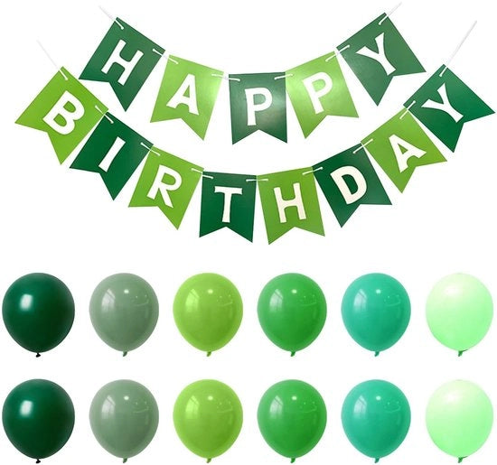 Decorazione di compleanno - Bandiera di compleanno - 12 palloni - Ecologico - Adatto per dentro/fuori - Verde chiaro/verde scuro - Decorazione di festa
