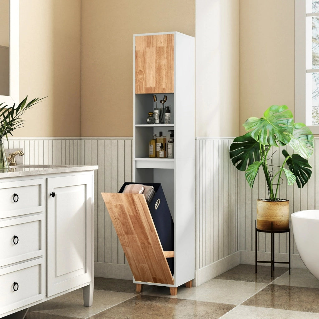 Armadio per biancheria con 3 ripiani e cesta porta biancheria rimovibile-Mobiletto da bagno Unit¨¤ alta per bagno con ante in legno in gomma