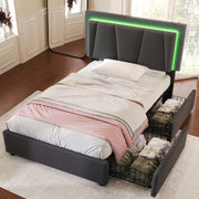 OKWISH Letto con Cassetti 90×200 cm, Letto Singolo con Testiera Regolabile, LED Regolabile e 2 Cassetti, senza Materasso, Grigio
