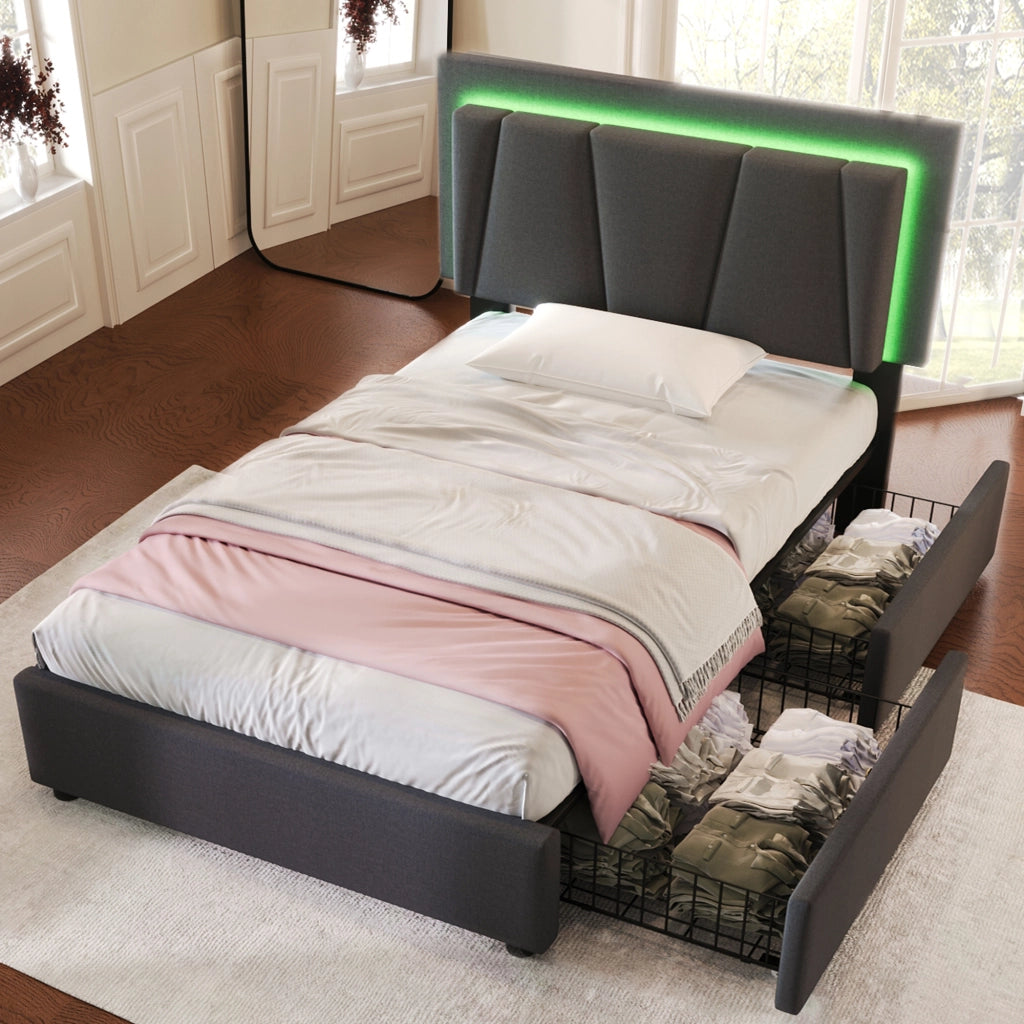 OKWISH Letto con Cassetti 90×200 cm, Letto Singolo con Testiera Regolabile, LED Regolabile e 2 Cassetti, senza Materasso, Grigio