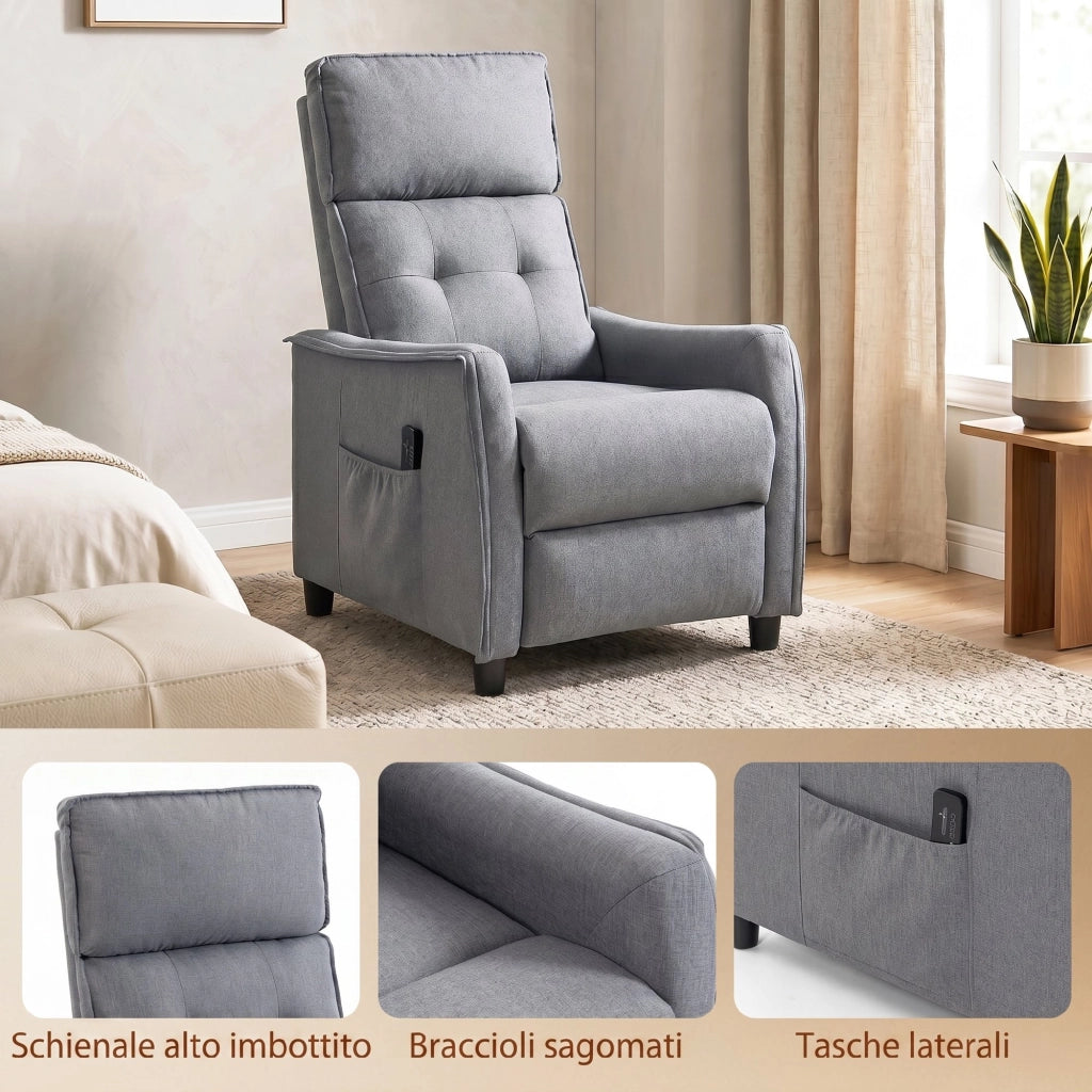 Poltrona Massaggiante  69x93x104 cm Reclinabile a 160° con Poggiapiedi e Telecomando Effetto Lino Grigio Chiaro