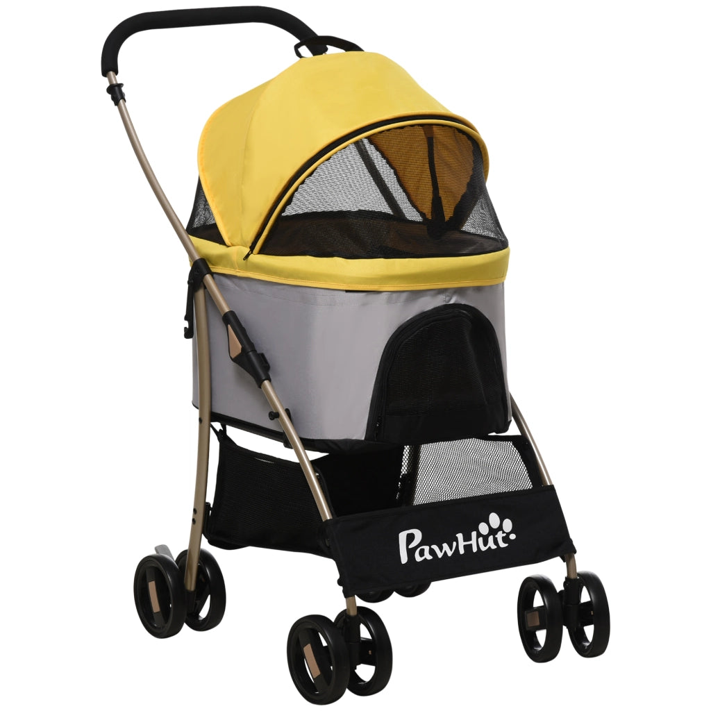 Carrello pieghevole 2 in 1 per cani e gatti con cesta e tasca, ruote con freno, guinzagli di sicurezza, acciaio, giallo
