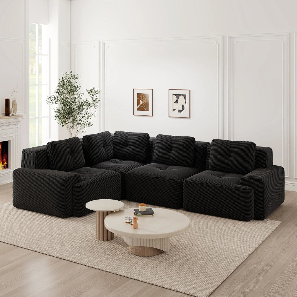 Divano angolare modulare senza montaggio con design antiscivolo e seduta profonda in velluto a coste nero per soggiorno