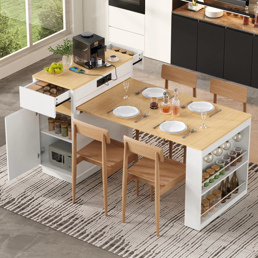 Tavolo da pranzo con piano estraibile; LED e prese USB per cucina in MDF bianco