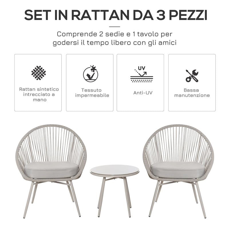 SET POLTRONCINE DA GIARDINO INTRECCIATE IN PE RATTAN CON TAVOLINO BIANCO CREMA