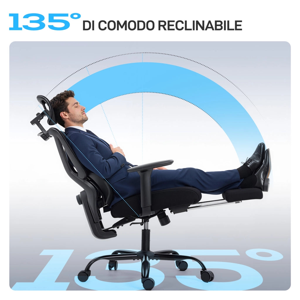 Sedia da ufficio ergonomica con schienale e poggiapiedi ¨C zephmum ¨C nero 73x75x120-128 cm