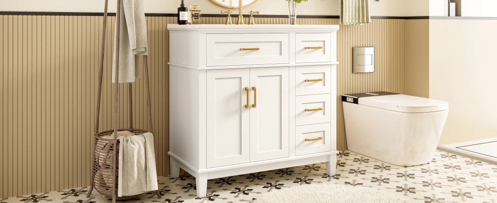 Mobile sottolavabo con lavandino in ceramica, 2 ante e 5 cassetti, per bagno, in MDF e ceramica, bianco, 90 × 46 × 87 cm