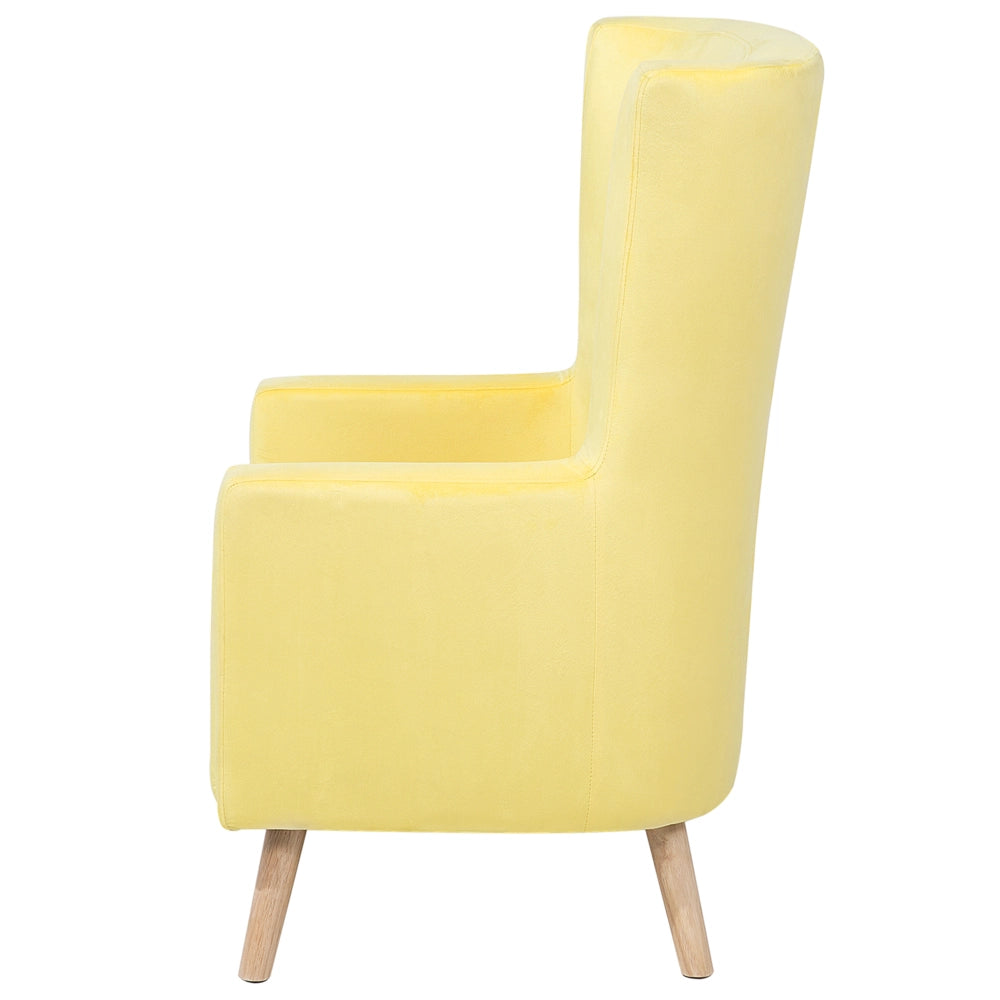 Sedia Wingback con rivestimento in velluto giallo e gambe in legno con schienale alto