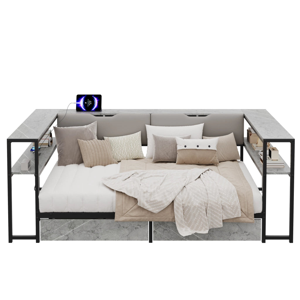 Letto Imbottito con 2 Cassetti e Rete a Doghe in Metallo ¨C MINIMAL ¨C 90x200, Grigio Cemento