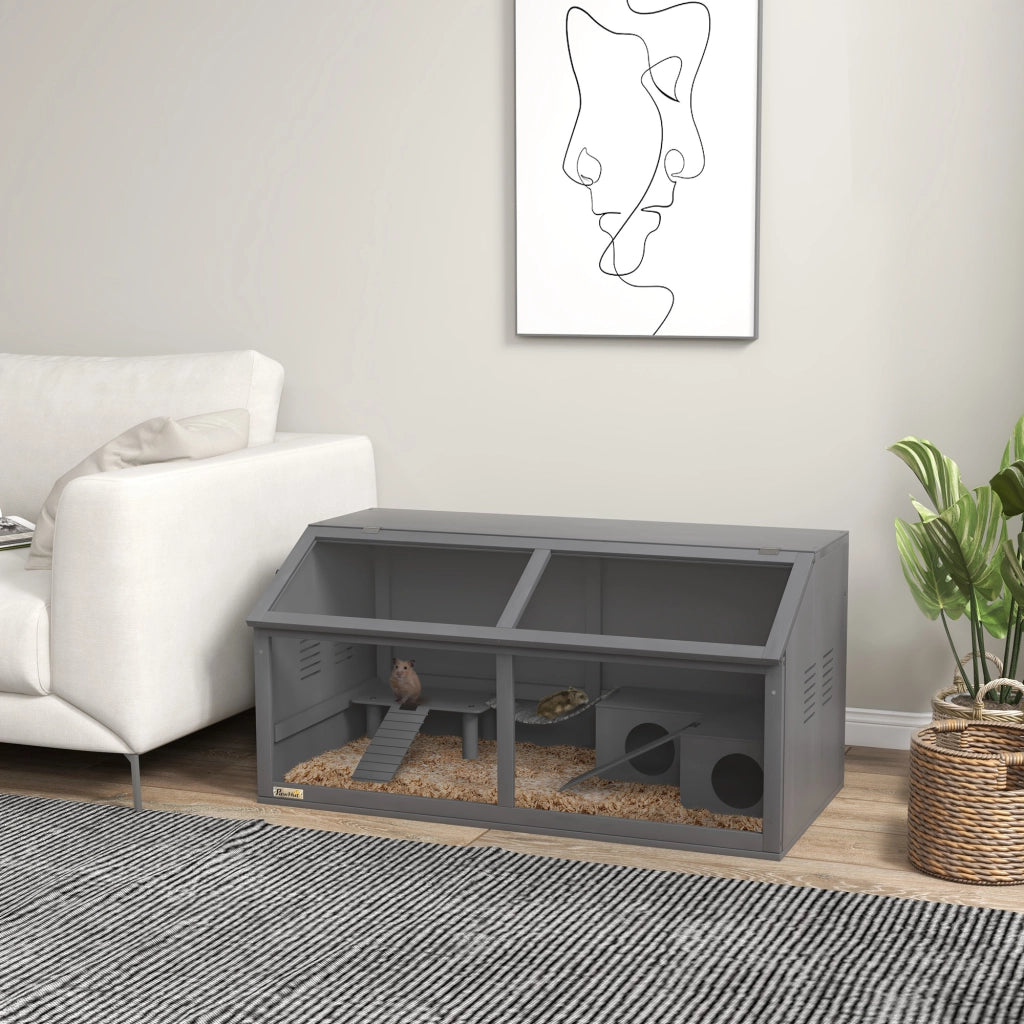 Giochi da arrampicata con ponte sospeso, due scale e tetto apribile in legno di abete grigio scuro 100 × 52 × 50 cm