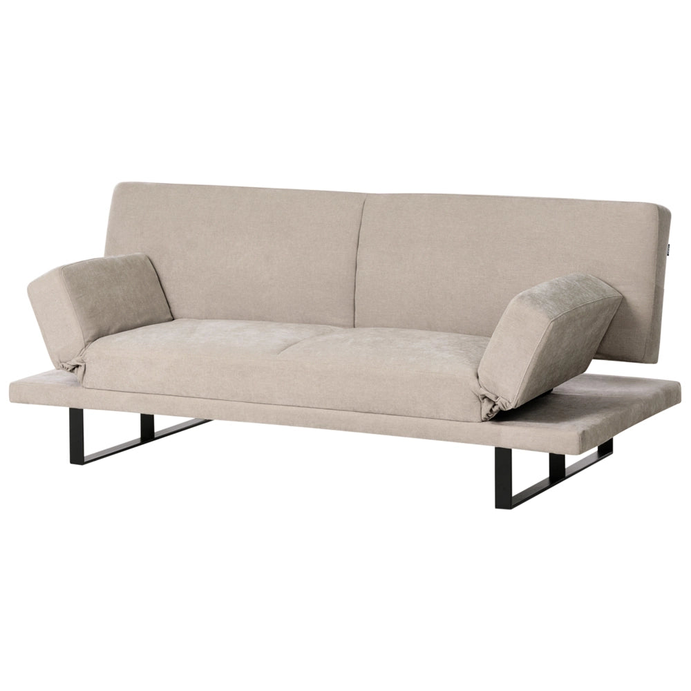 Divano Letto in Tessuto beige chiaro ciniglia con schienale reclinabile e struttura in legno stile moderno