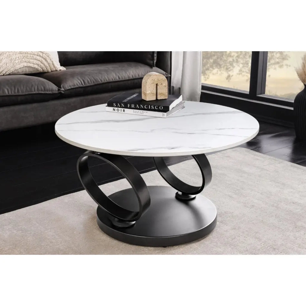 Tavolino basso SOLYNE 133 cm bianco effetto marmo con ripiani rotanti e struttura nera opaca