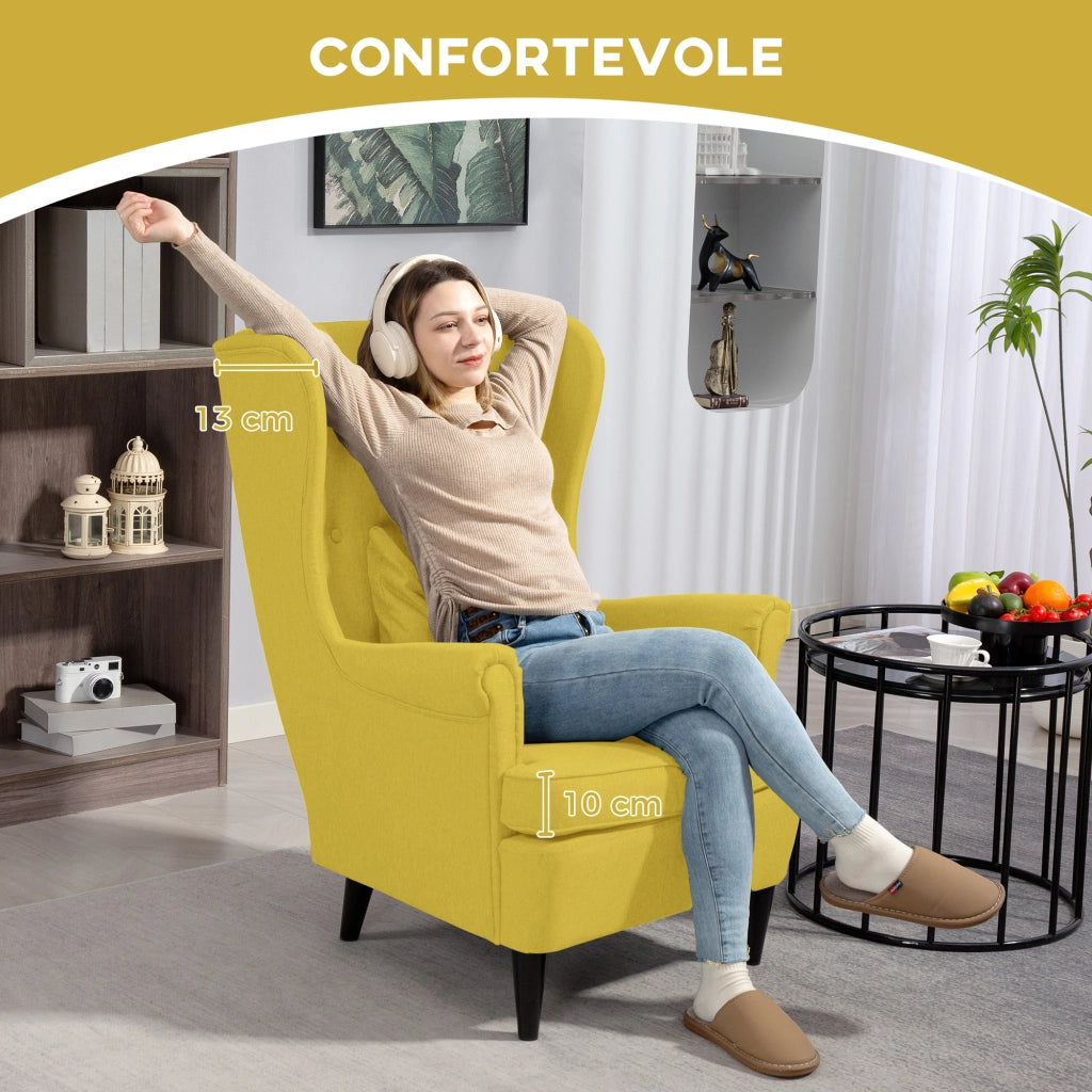 Poltrona con Poggiapiedi in Stile Contemporaneo, in Tessuto Effetto Lino e Legno di Caucci¨´, 75x83x104 cm, Giallo