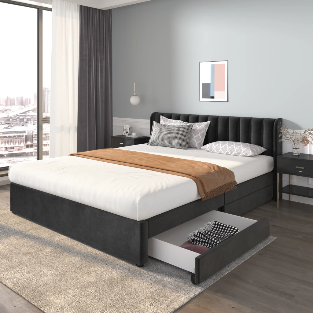 Letto Matrimoniale 180x200 cm; 2 Cassetti - con Rete a Doghe - in Velluto Nero