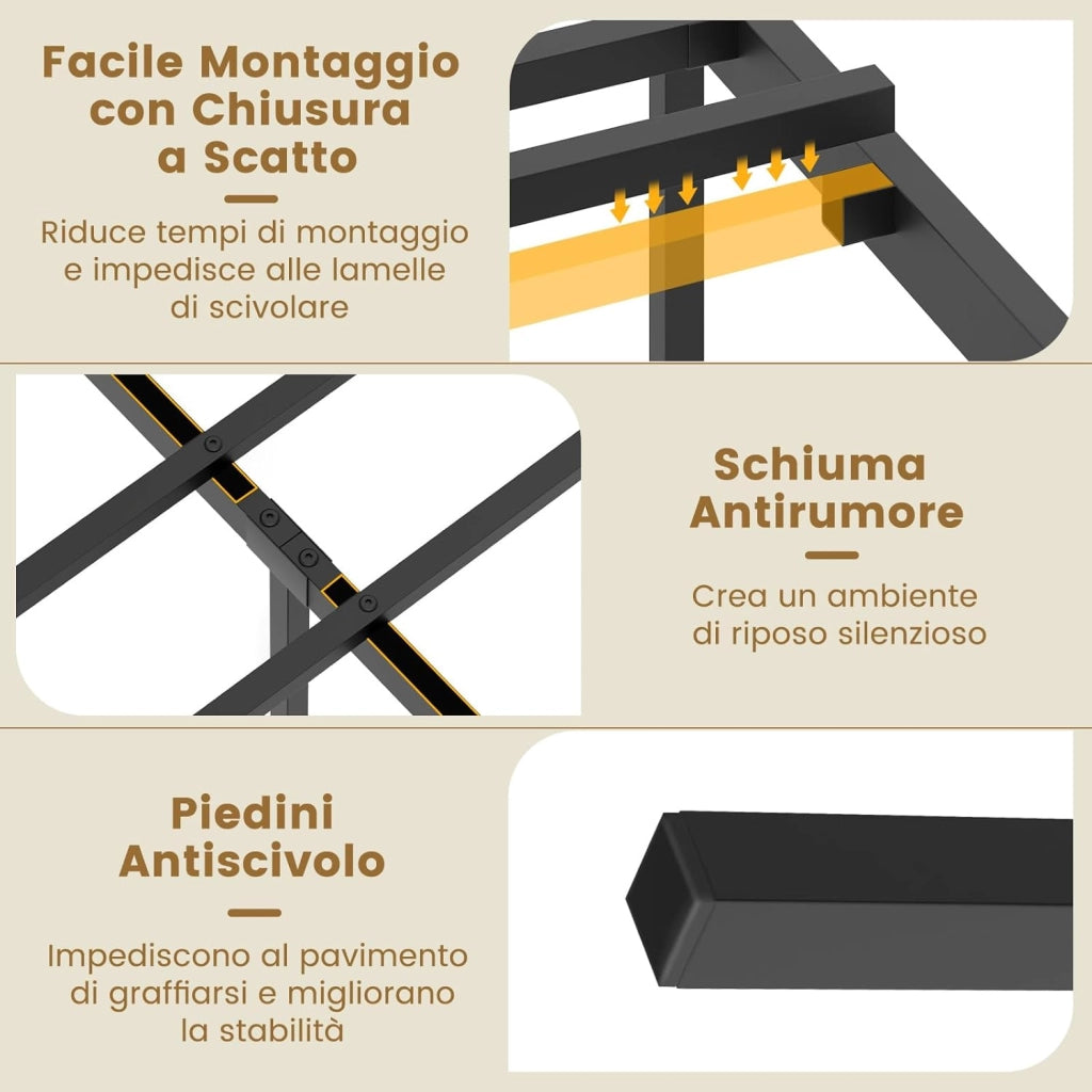 Letto Matrimoniale 140 x 200 cm, Struttura Letto in Metallo Industriale con Testiera e Pediera in Legno, Silenzioso, Carico Massimo 360 kg