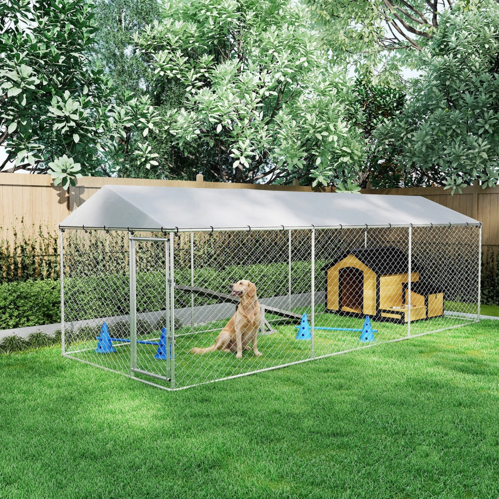 Recinto per Cani da Esterno con Rete Zincata e Serratura. in Acciaio e Tessuto Oxford. 6x2.3x2 m. Argento