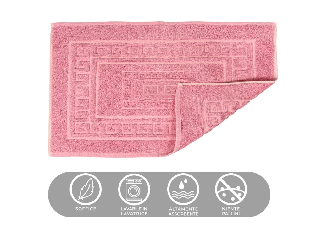 Tappeto Bagno Doccia Spugna Tinta Unita Torino Tappetino Super Assorbente In Cotone Pelo Corto Con Greca - 45x60 - Rosa