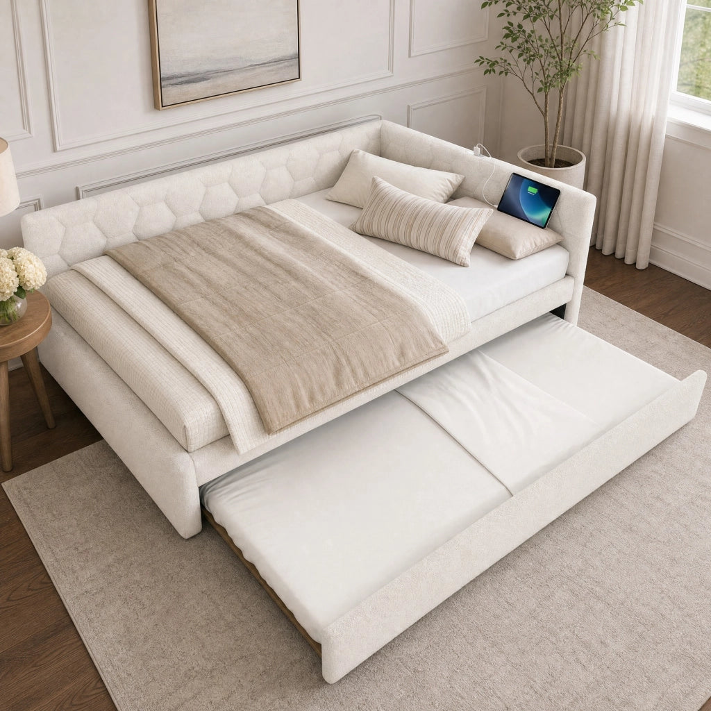 DESMIU Lit banquette 140 × 200 cm 2 places avec lit gigogne, lampe de chevet, USB, Type-C, sans matelas, blanc