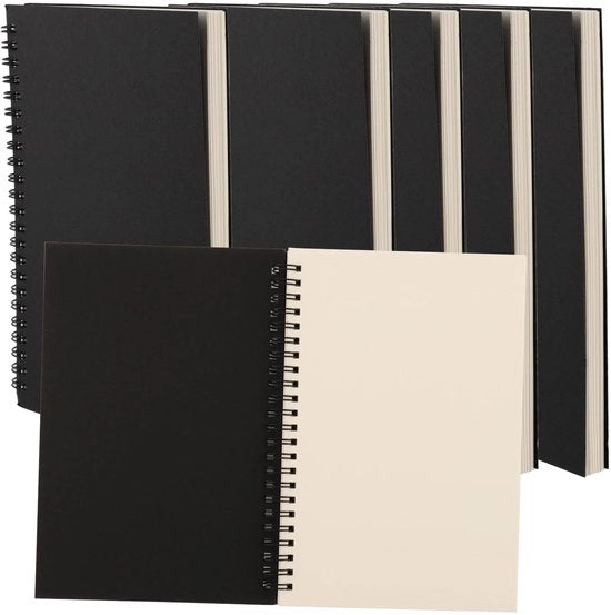 Libretto di disegno - 100gsm - 6 Pack - Copertina in kraft nero - Pagine bianche - Per disegnare, dipingere e appunti - Formato A5