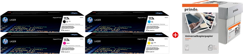 ORIGINAL HP Value Pack nero / ciano / magenta / giallo / Bianco 117A MCVP 02 + Prindo Universal Papier 2500 Blatt ~3100 Seiten