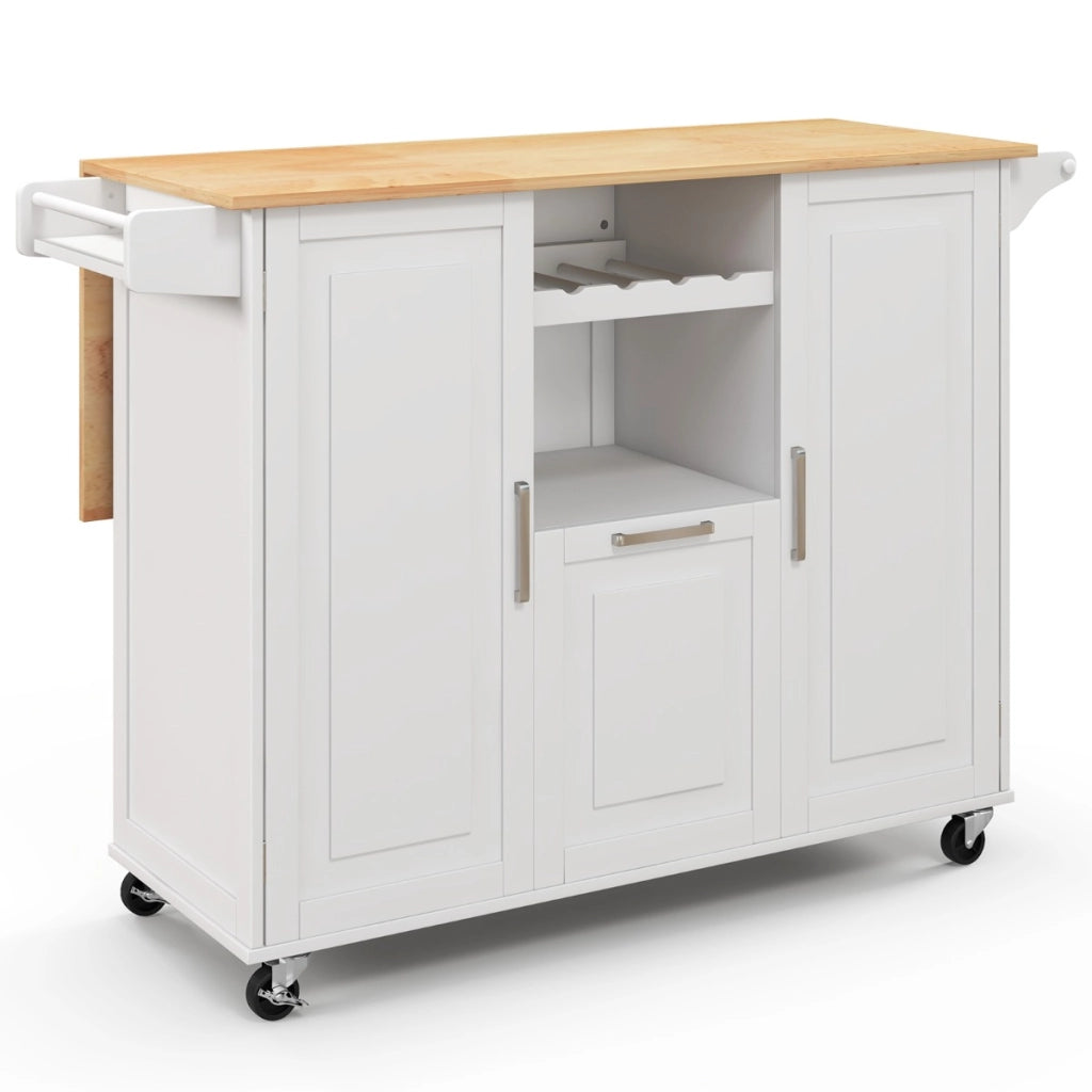 Carrello cucina isola con piano ribaltabile e 4 ruote girevoli, Isola cucina con cassetto profondo portabottiglie Bianco-Carrelli