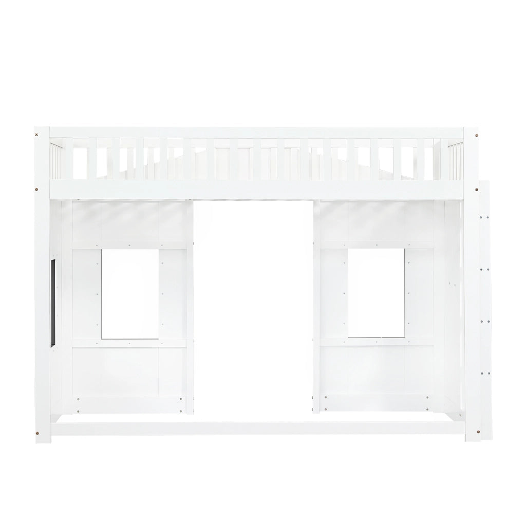 DESMIU Lit a castello bambino 90 × 200 cm con scala e finestre, senza materasso, in legno massiccio, bianco