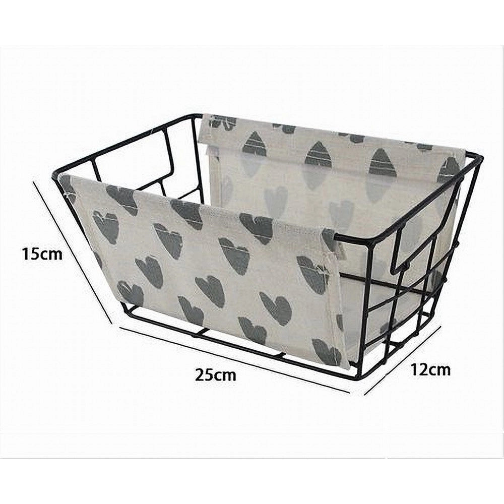 Trade Shop - Cesto Portaoggetti In Ferro Tessuto Stampa A Cuori Grigi Manici 25x15x12cm 10616 -