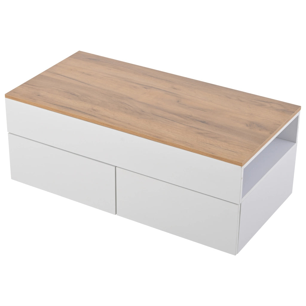 OKWISH Tavolino da Caffè Alzabile con 2 Cassetti e Vani Semiaperti, per Soggiorno, in Pannello di Particelle, Bianco, 100×50×40 cm