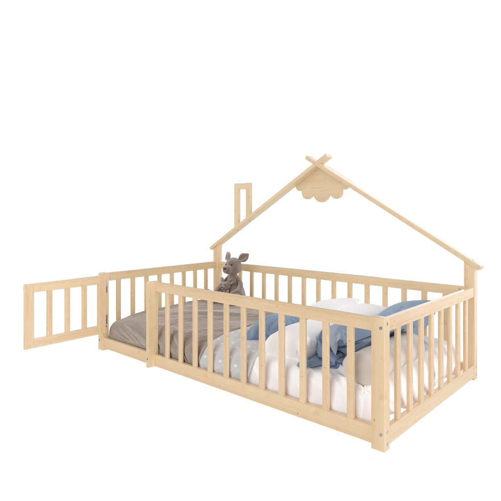 Letto per bambini 90x190 cm a forma di casa, in pino e MDF, colore naturale, con ringhiera di sicurezza