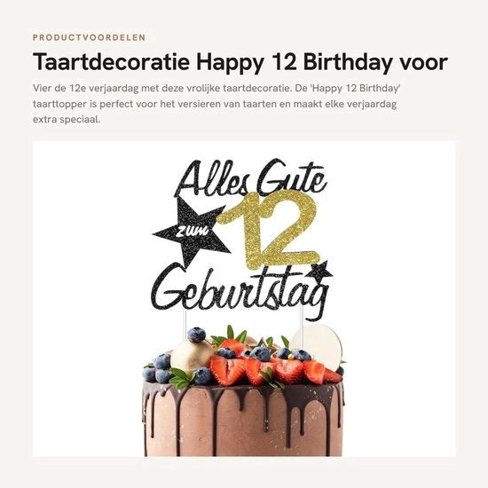 Decorazione per Torta di Compleanno 12° Anniversario - Set di Decorazioni per Torta - Carta - Ghiaccio/Nero - Incluso Bastoncini - Dimensioni 17 x 15,5 cm