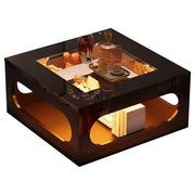 Tavolino da caffè con vano centrale e LED; per soggiorno; in MDF e vetro; 70×70×35 cm; nero
