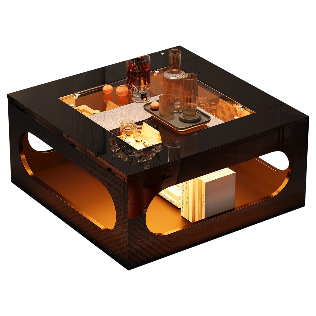 Tavolino da caffè con vano centrale e LED; per soggiorno; in MDF e vetro; 70×70×35 cm; nero
