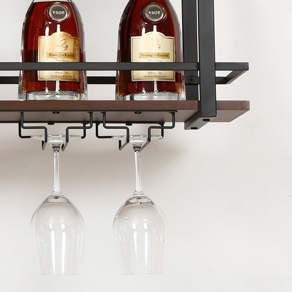 Portabottiglie Sospeso da Soffitto Hubro con Binari per Calici e Ganci per Tazze 100x30x85 cm Nero/Effetto Noce [en.casa]
