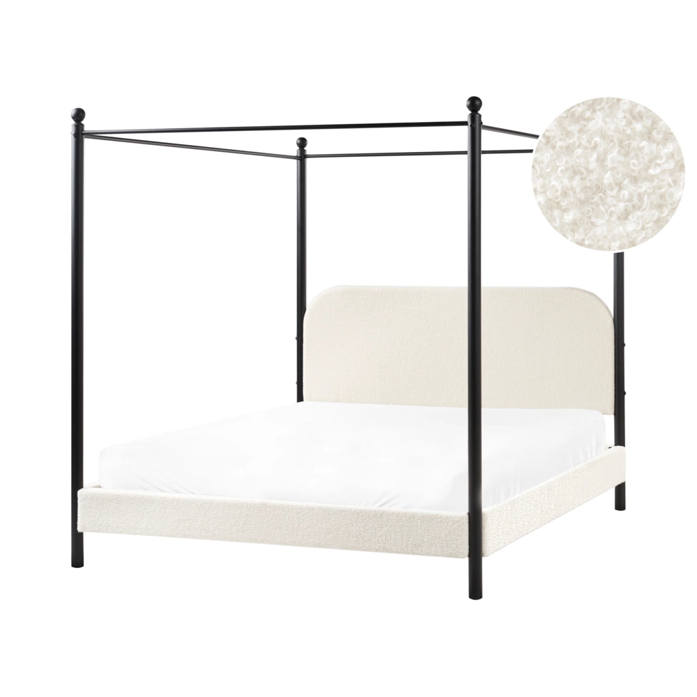 Letto a baldacchino in metallo nero con rivestimento in bouclé bianco sporco 160 x 200 cm EU Dimensioni doppie Retro Minimalista