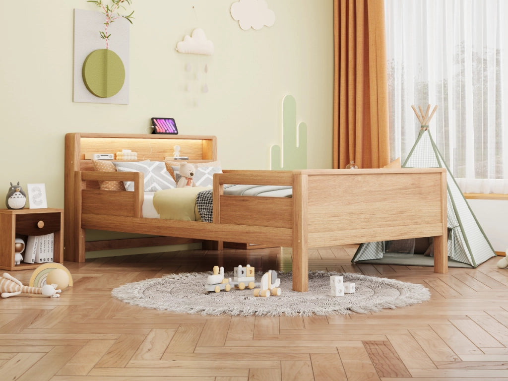 DESMIU Letto bambino 90 × 200 cm con LED, presa USB e Type-C, testiera con ripiano, senza materasso