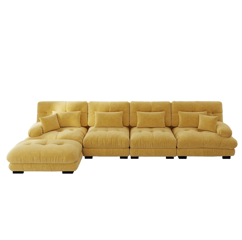 Divano modulare angolare in ciniglia gialla con pouf mobili