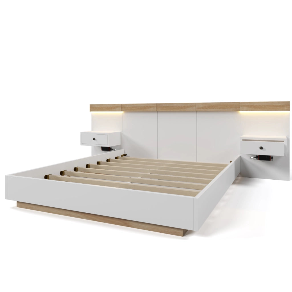 Letto Matrimoniale 160×200 cm; 2 Posti con 2 Comodini LED; USB; Tipo C e Presa; senza Materasso