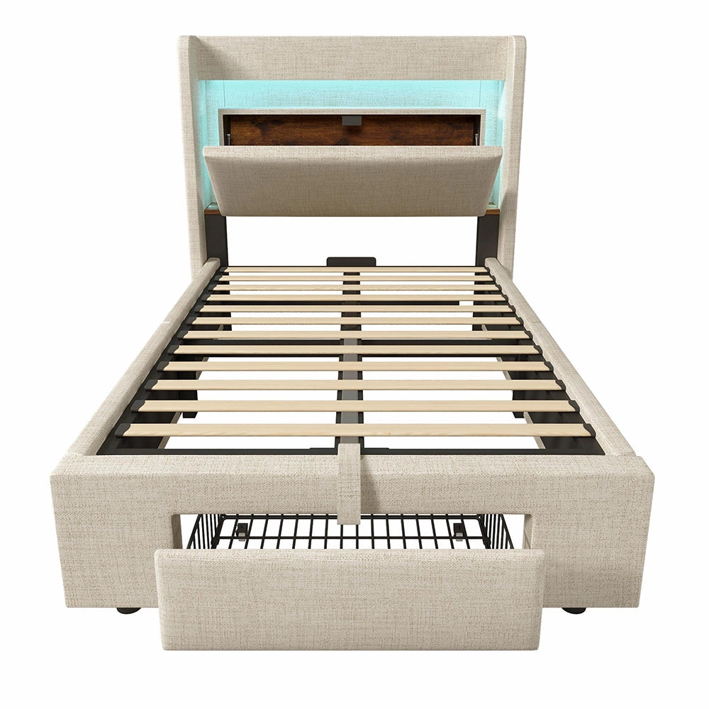 Letto imbottito 90x200 cm - Xylo - Beige, lino, testiera con illuminazione LED, porte USB/USB-C, spazio idraulico