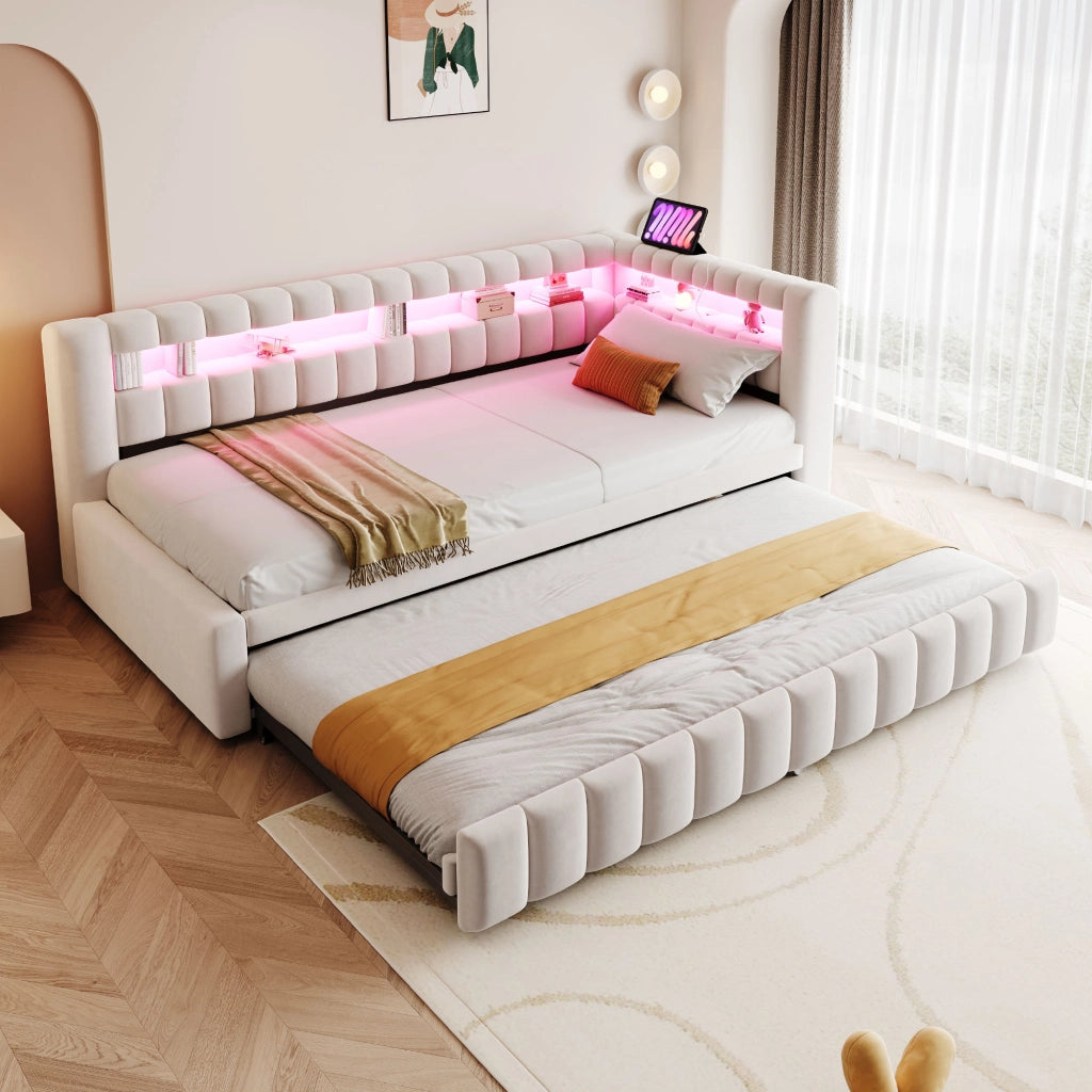 Letto imbottito trasformabile con LED, porte USB e USB-C, 90x200 cm, beige