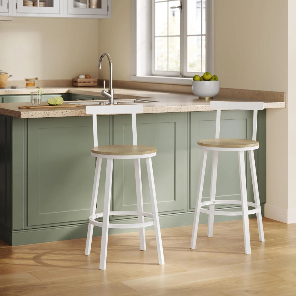Sgabelli Cucina Set di 2, Sgabelli da Bar per Colazione, con Poggiapiedi e Schienale, Struttura in Metallo, Effetto Legno Chiaro