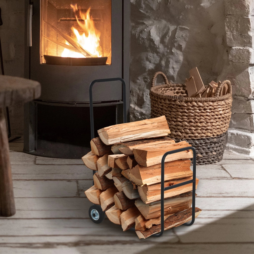 Easycomfort Carrello Portalegna in Metallo Nero con 2 Ruote per Interno ed Esterno, Max. 30kg, 56x40x90.5cm