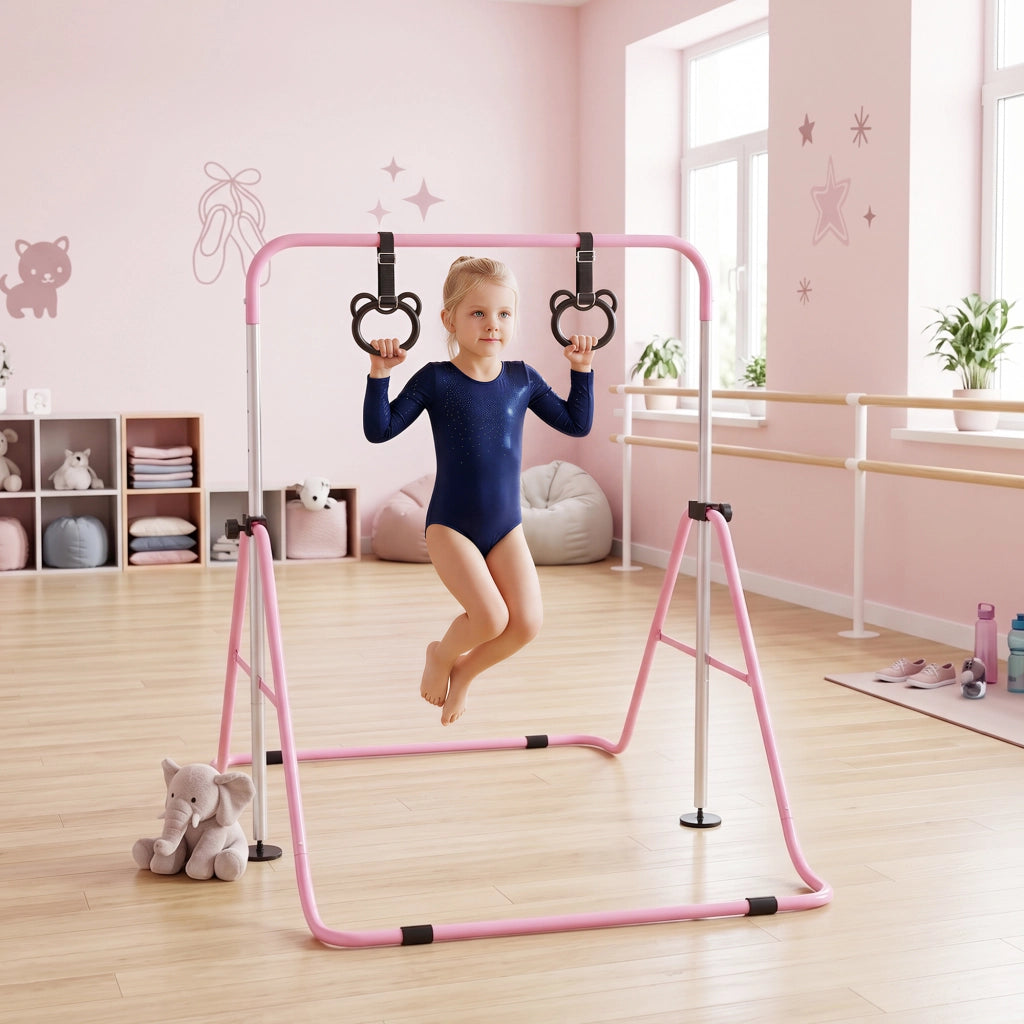 Sbarra Ginnastica Artistica per Bambini ad Altezza Regolabile con 2 Anelli, in Acciaio, 148x105x88-128 cm, Rosa