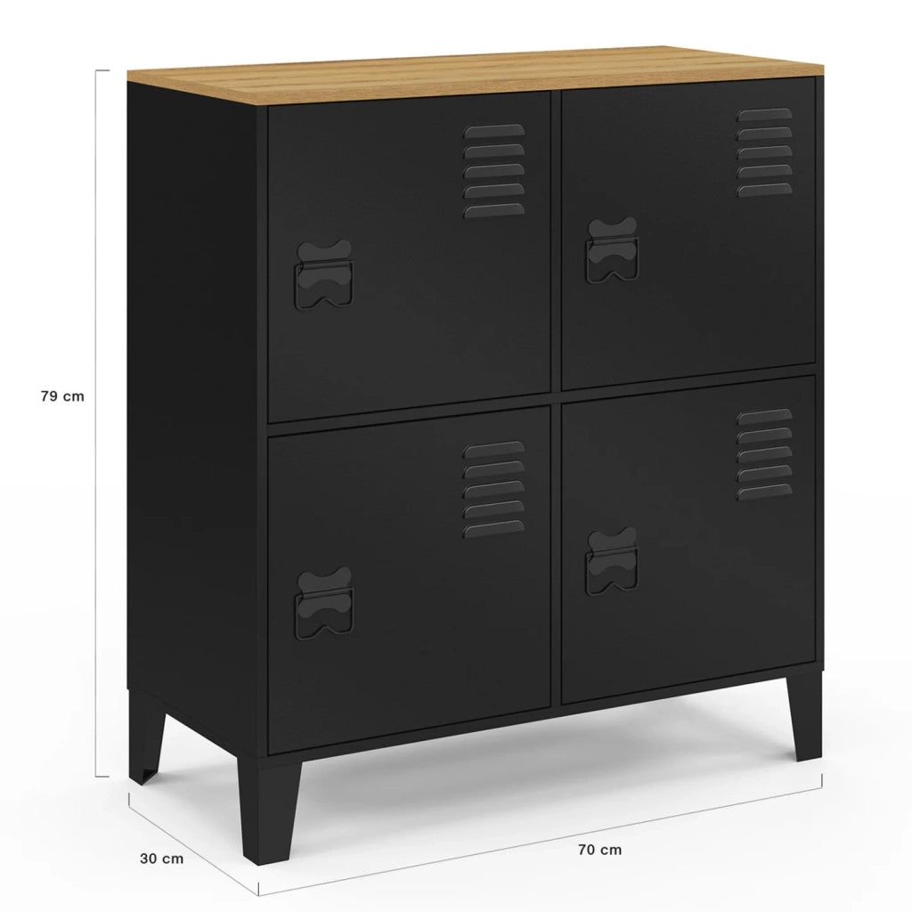 IDMarket - ESTER Credenza a 4 ante in metallo nero con piano in legno dal design industriale, altezza 70 cm