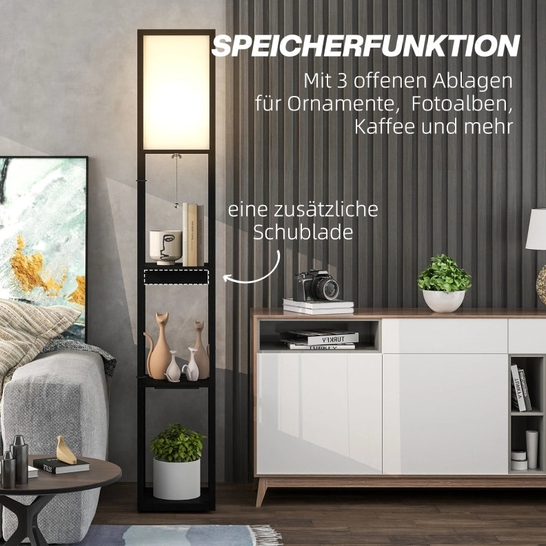 Lampada da terra ULEVR 26x26x159 cm con 3 ripiani, cassetto, USB-A, USB-C e presa, nero