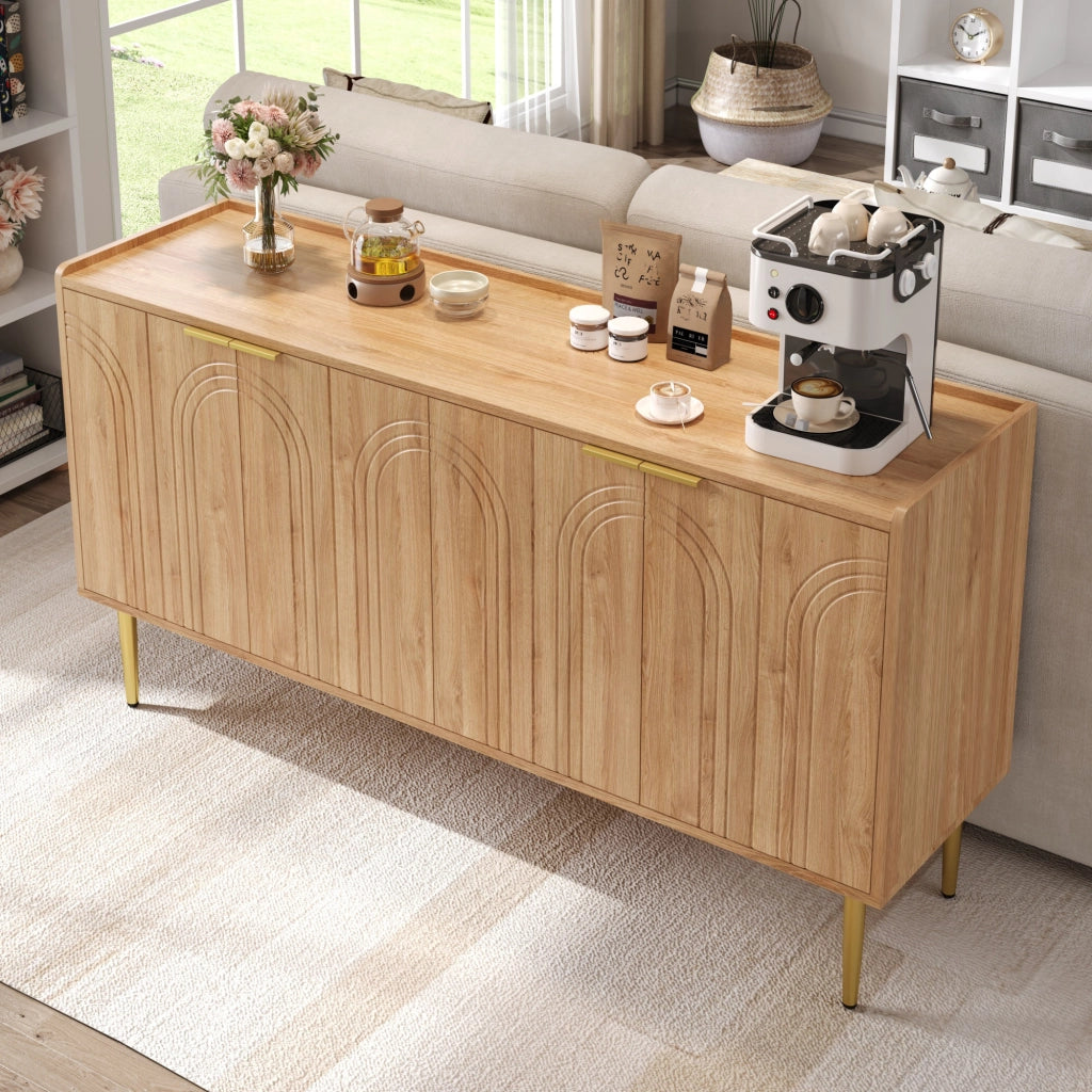 Credenza con 4 Ante e Ripiani Regolabili; Gambe in Metallo Dorato; Stile Moderno; in MDF; Naturale; 140??38??75 cm