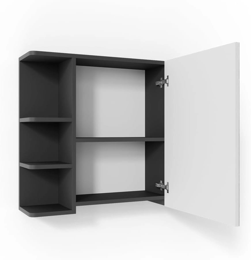 Specchio contenitore bagno Fynn, Antracite, 79.6 x 64 cm, con specchio e ripiani aperti per montaggio a parete
